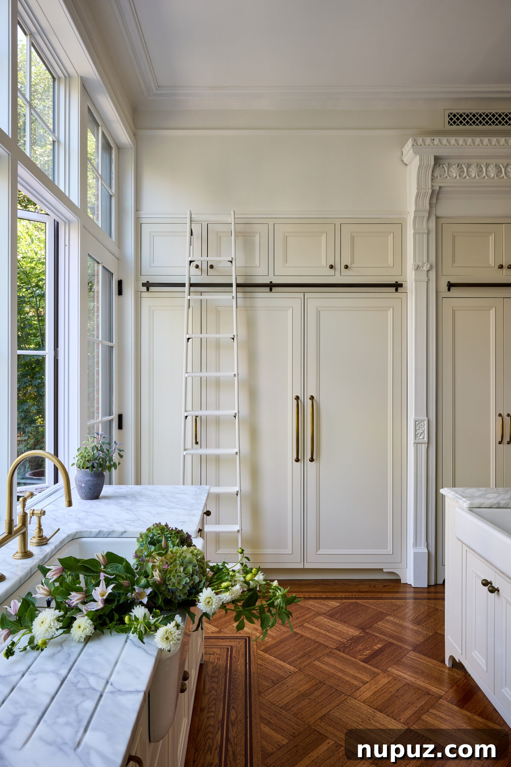 Gourmet white kitchen with library ladder and architectural details