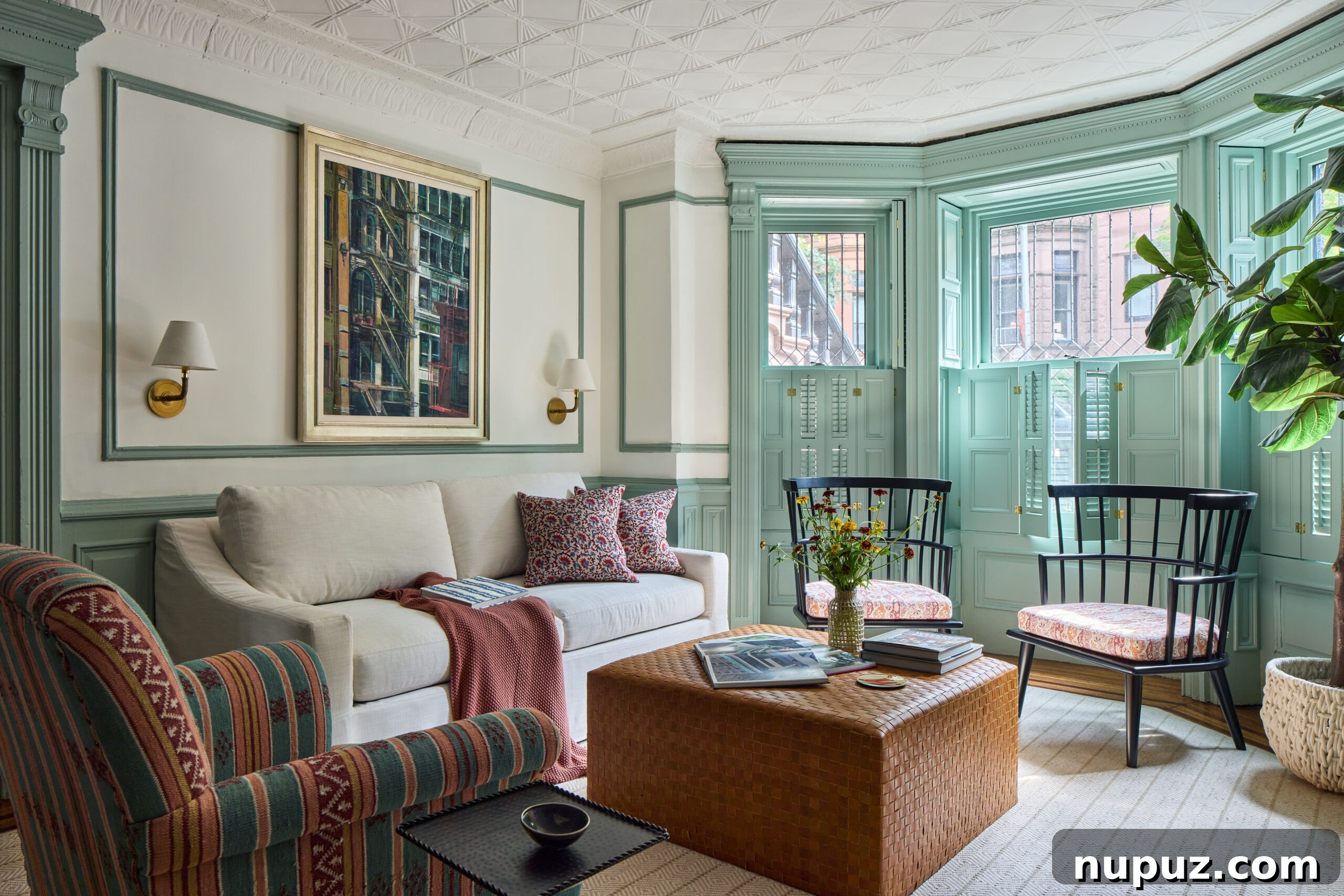 Sophisticated living room with white sofa, black Windsor chairs, and green molding