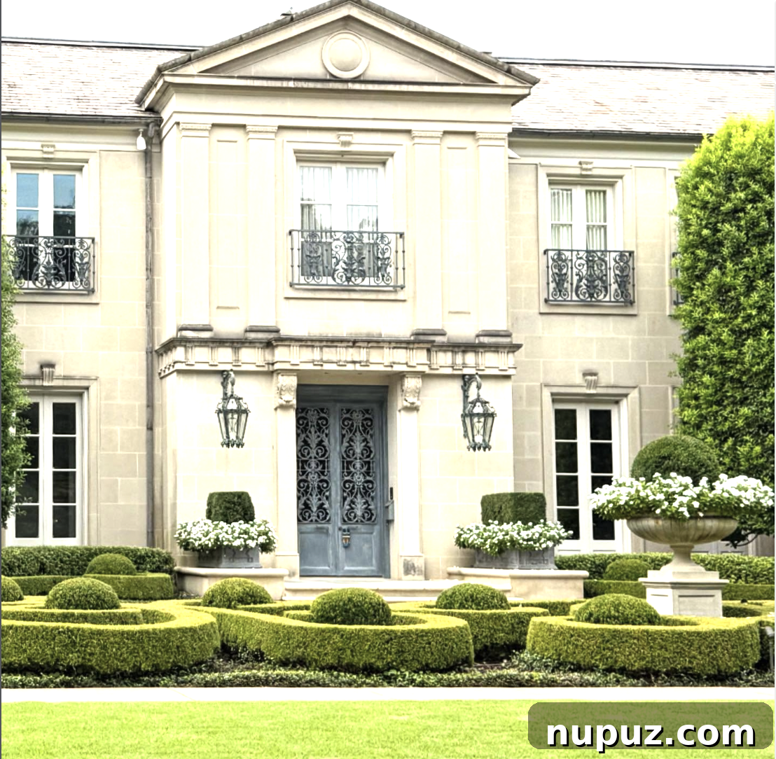 7 Homes Where Boxwoods Command the Landscape 8 Front yard of a charming classic home featuring a mix of mature boxwood shrubs and flowering plants, enhancing year-round curb appeal.