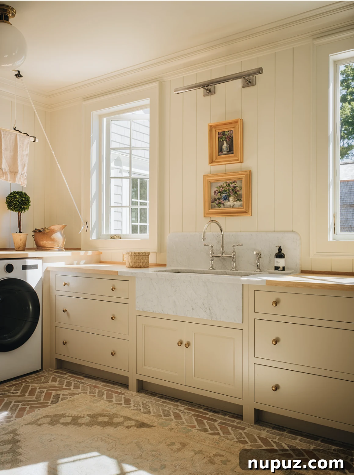 Functional and stylish laundry room by Jean Stoffer Design featuring brick herringbone floors and elegant artwork