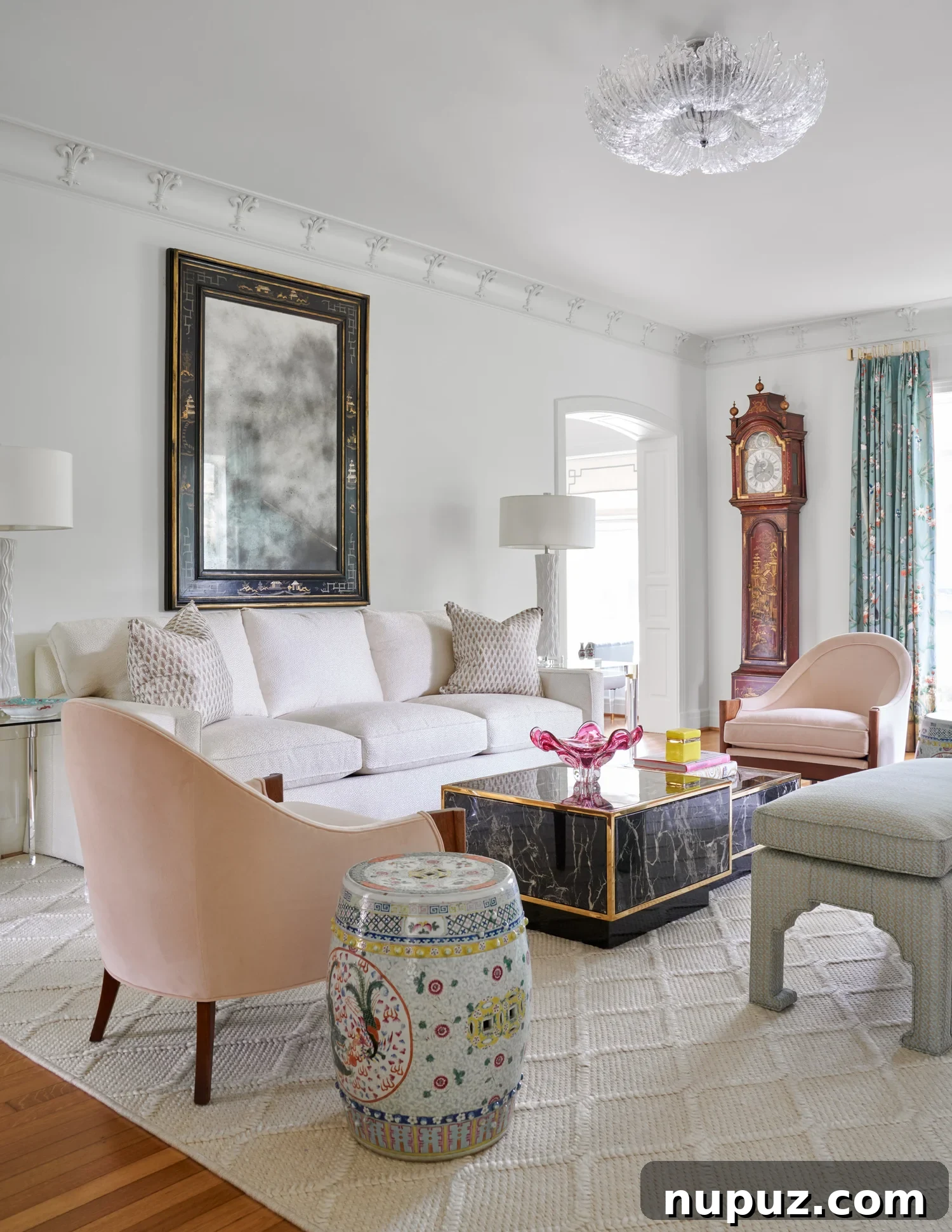 beautiful classic living room in pastel colors with lovely grandfather clock - Jenkins Interiors | Nathan Schroder Photography