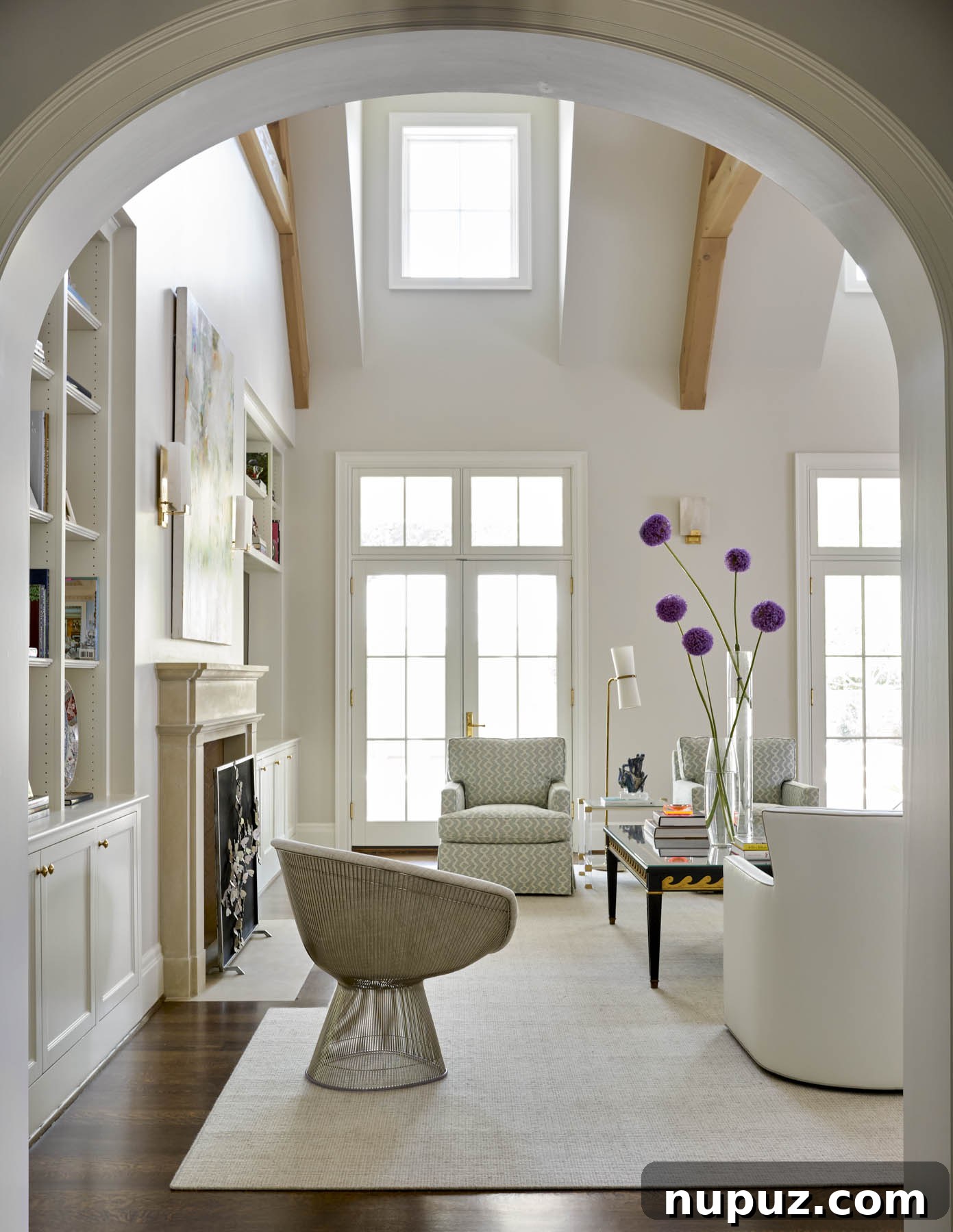 living room, living room beams, wood beams, COFFEE TABLE DECOR IDEAS | Collins Interiors | Nathan Schroder Photography