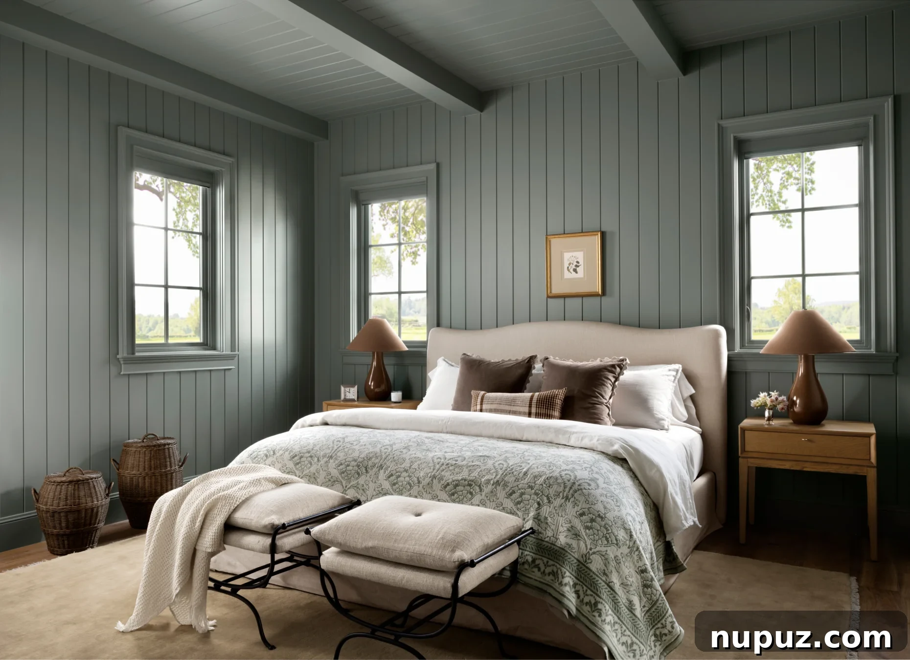 Bring Studio McGee Style Home: A Room-by-Room Decorating Guide 4 We absolutely adore the work of Studio McGee Interior Design–and husband/wife team Syd and Shea McGee. Their work is enviable to say the very least and strikes that rare balance between elevated and livable. We love the moody blue walls in theis blue and white bedroom with the pair of stools at the end of the bed