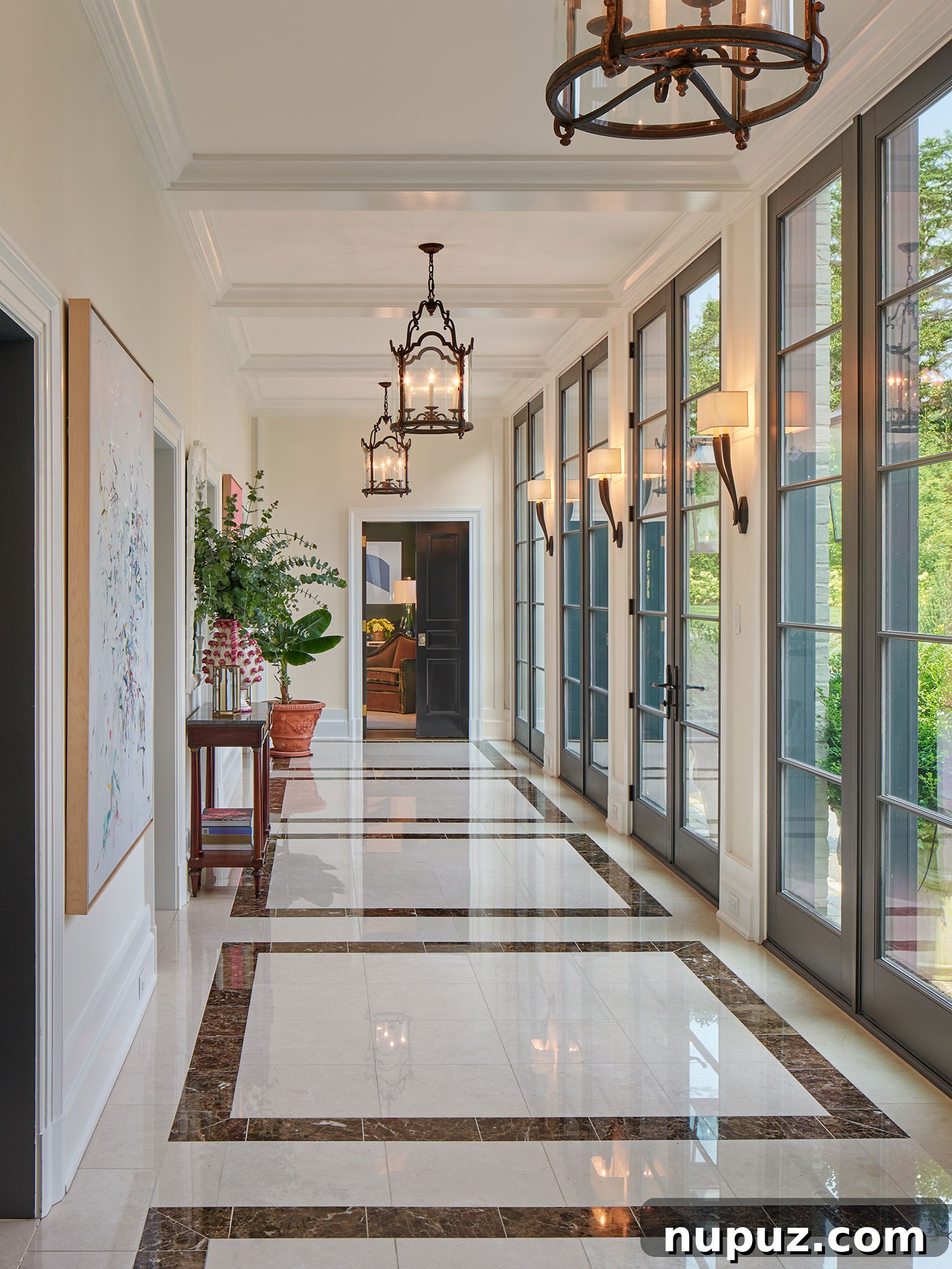 Archer & Buchanan Architects | Halkin | Mason Photography - Entry with marble floors and hanging lanterns
