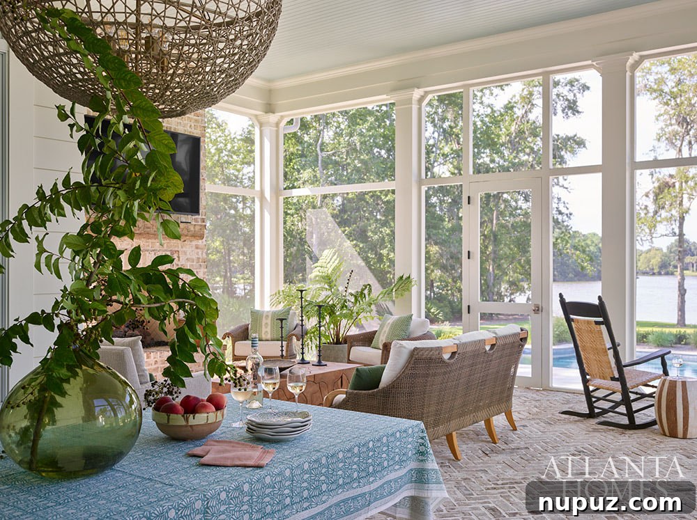 Waterfront screened porch with brick floor