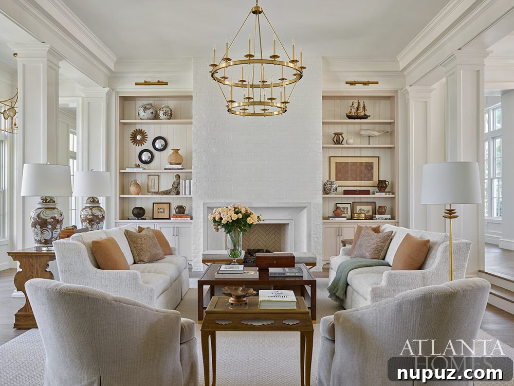 Neutral living room with brass chandelier