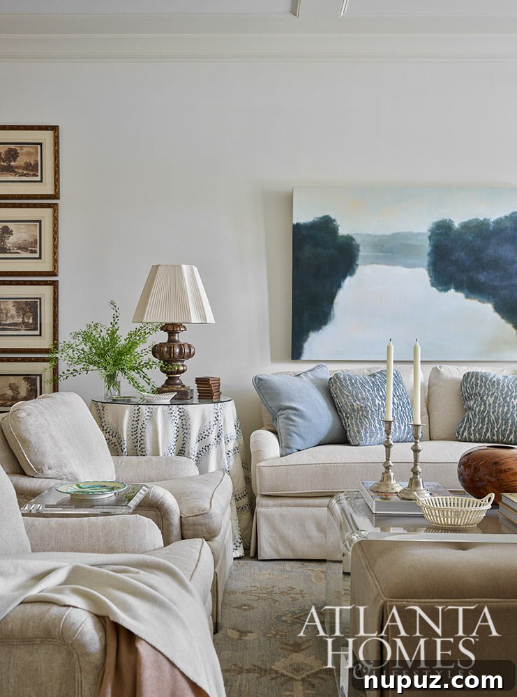 This gorgeous Atlanta, Georgia condo fits a lot of style into a smaller space. It's a perfect example of classic city living with timeless interior design done right. Interior Design: Lauren Davenport, Davenport Designs,  Original Architect: Clay Ulmer, Renovation Builder: Matthew Morris, MT Morris Construction, | Photographer: Emily Followill Photography - love the landscape painting over the sofa in the living room