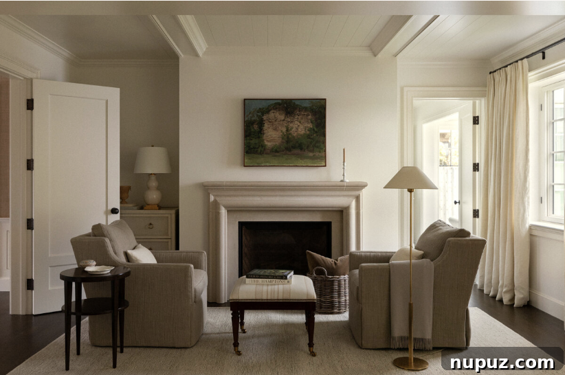 Timeless Home Tour: Warm Neutrals and Layered Interior Style 11 Primary bedroom sitting room with neutral interiors, floor lamp, and exposed beams
