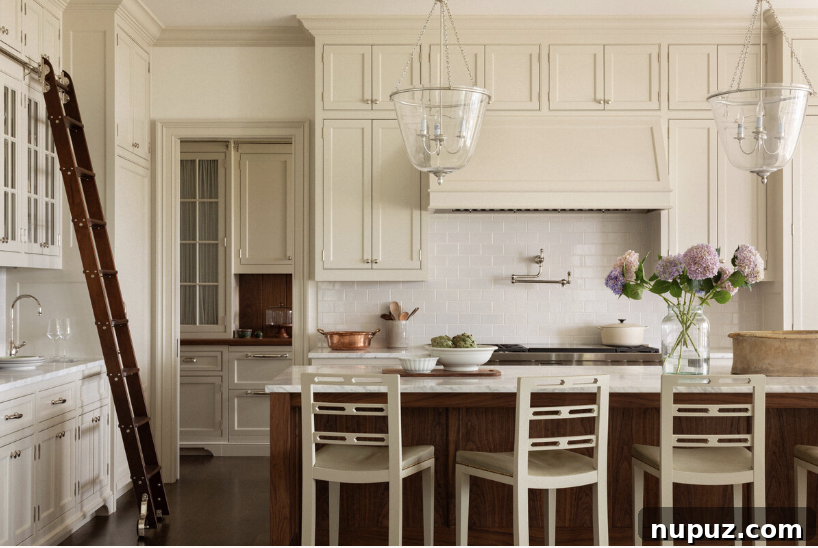 Timeless Home Tour: Warm Neutrals and Layered Interior Style 5 Kitchen with bell jar lamps over the island