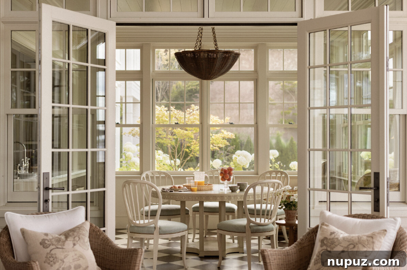 Timeless Home Tour: Warm Neutrals and Layered Interior Style 8 Round dining table with a wicker chandelier overhead