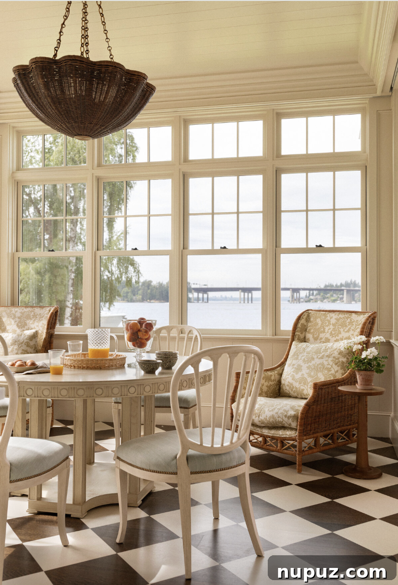 Timeless Home Tour: Warm Neutrals and Layered Interior Style 9 Dining area with wicker chandelier and layered textures