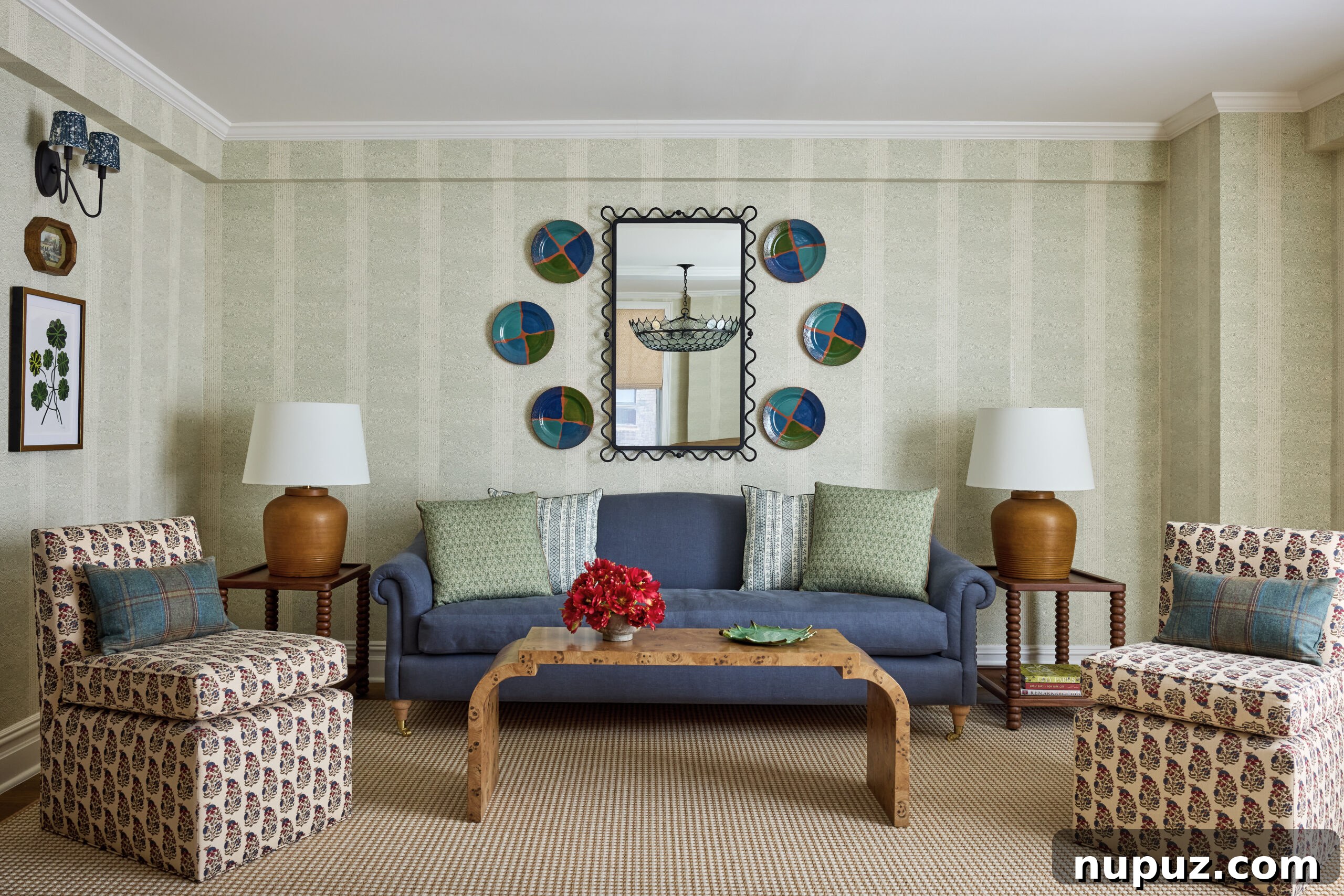 Living room with striped wallpaper and burl wood coffee table