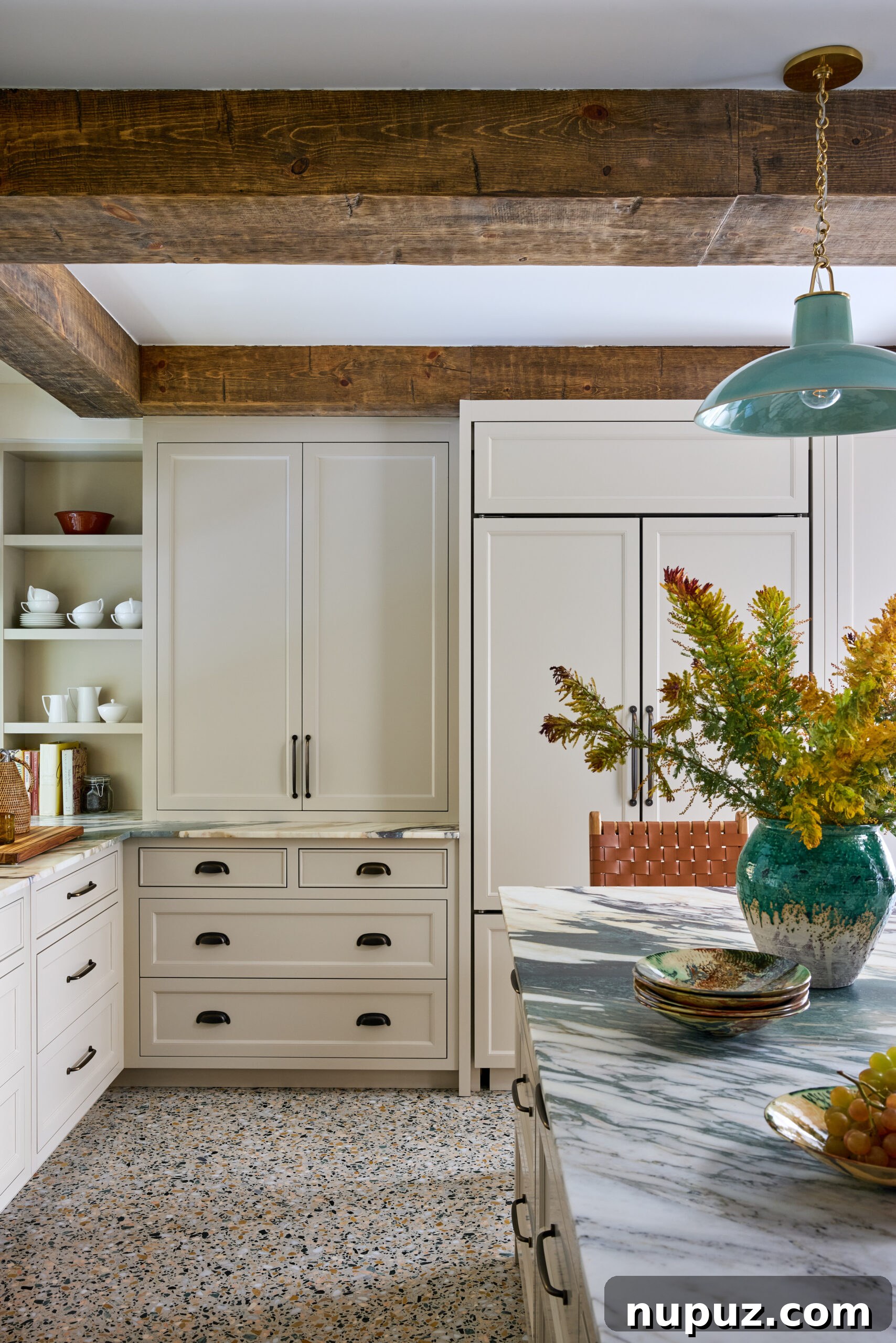 Kitchen island and wood beam ceiling