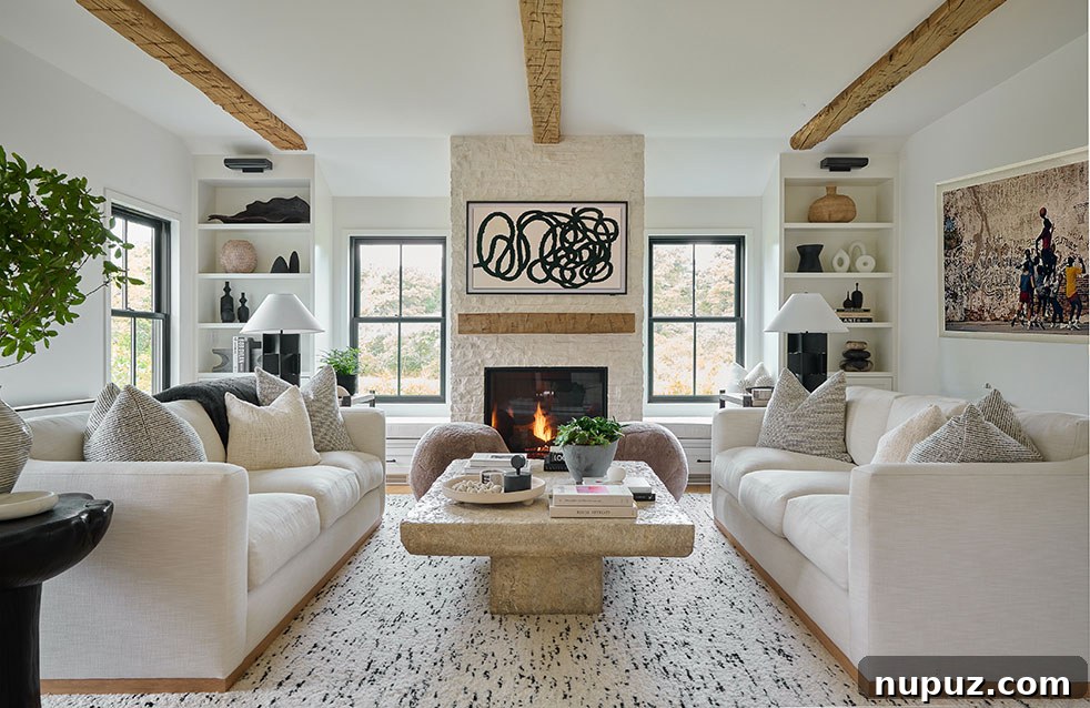 Living room with black and white abstract art