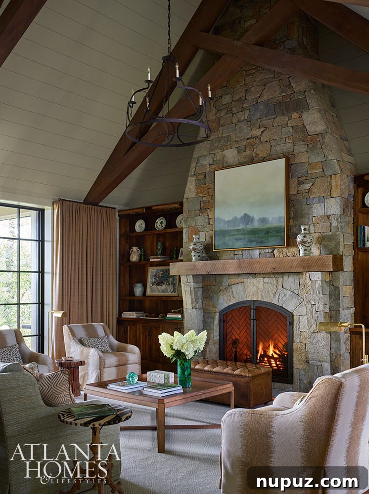 Stone fireplace with wood mantel
