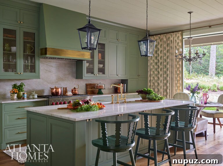 Green kitchen cabinets in mountain house