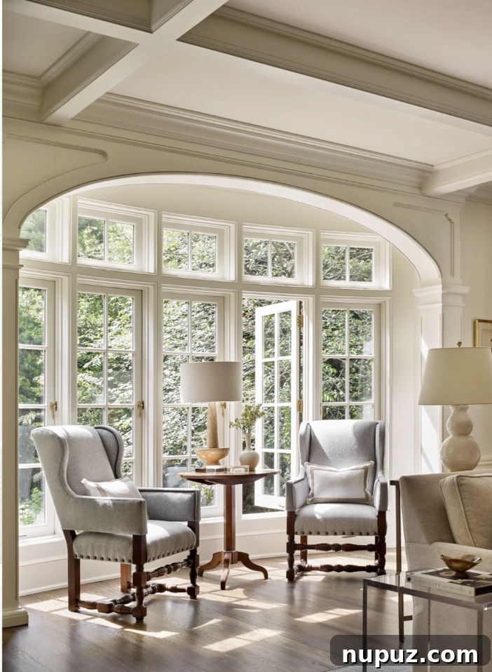 Living room with arched window, wingback chairs and soft neutrals