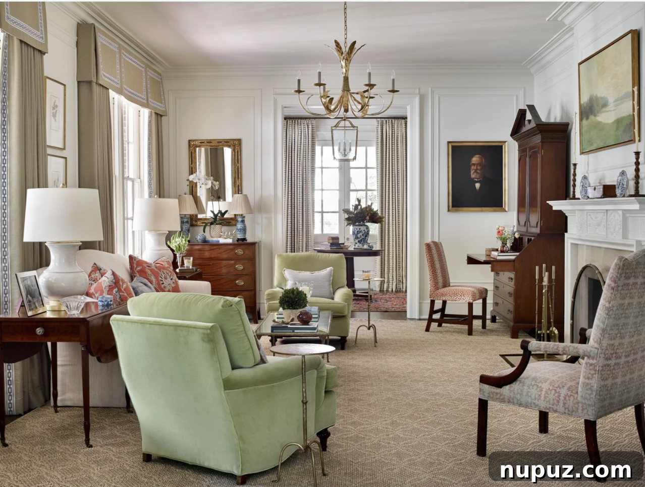 Traditional living room with family portraits and antique furniture