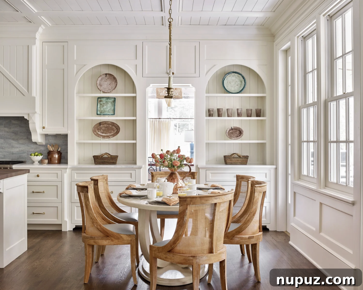 Breakfast room with arched cabinetry and upholstered chairs