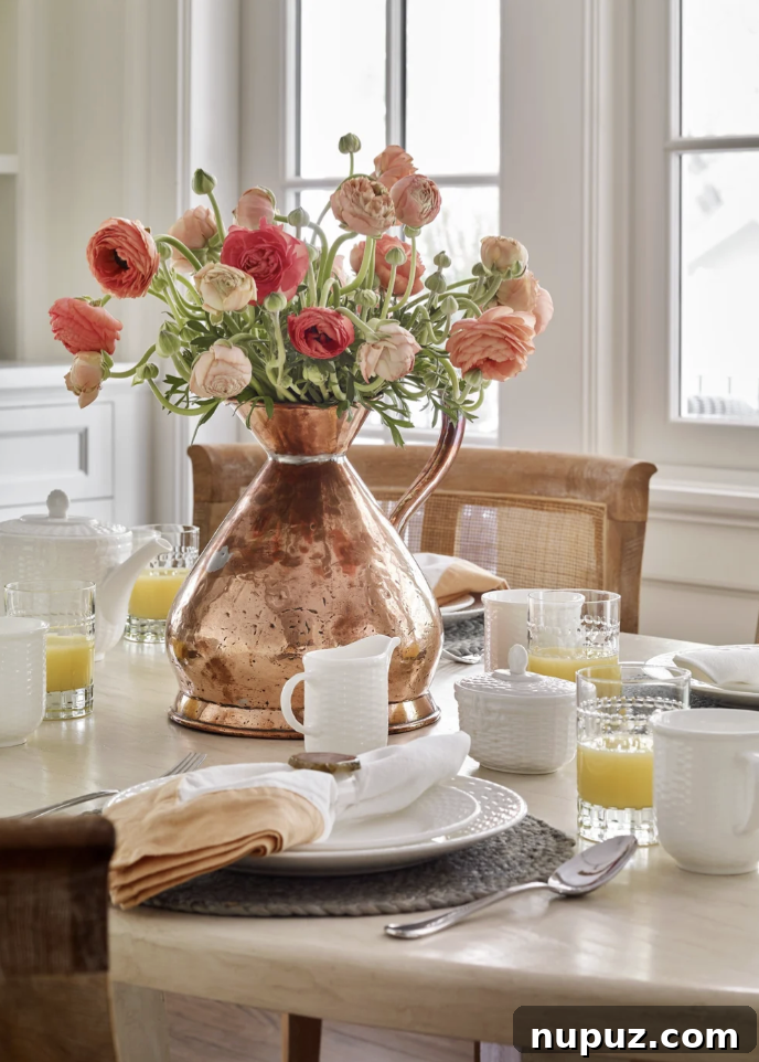 Breakfast table styled with a copper pot used as a flower vase