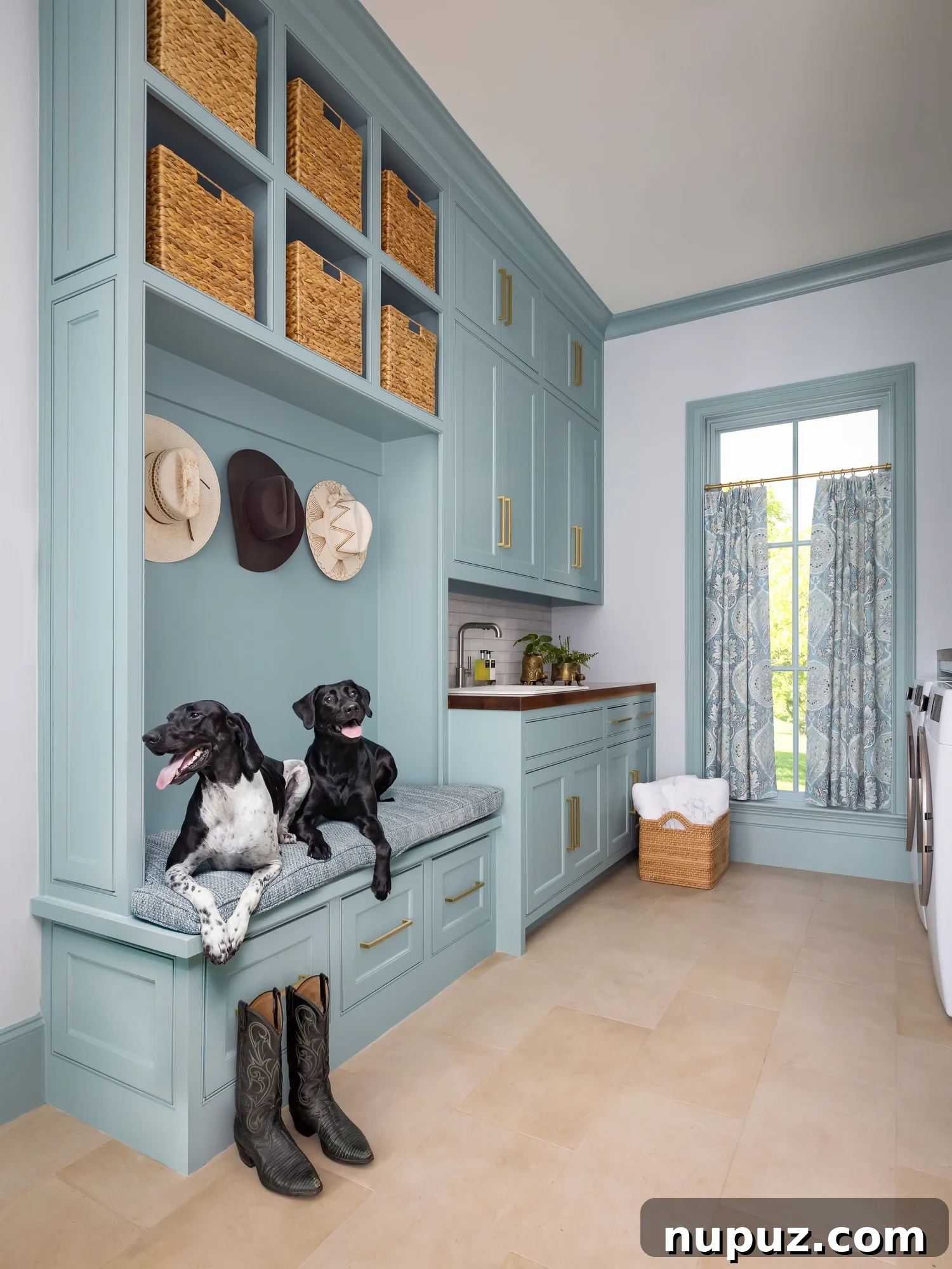 Blue mudroom with basket storage