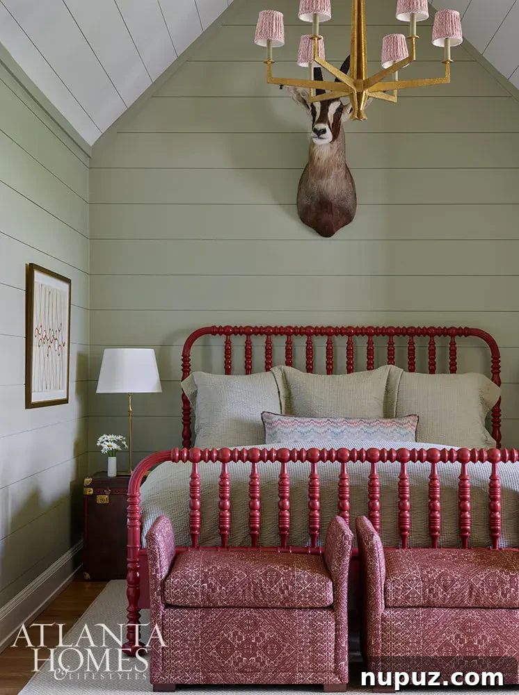 Charming bedroom with red spindle bed