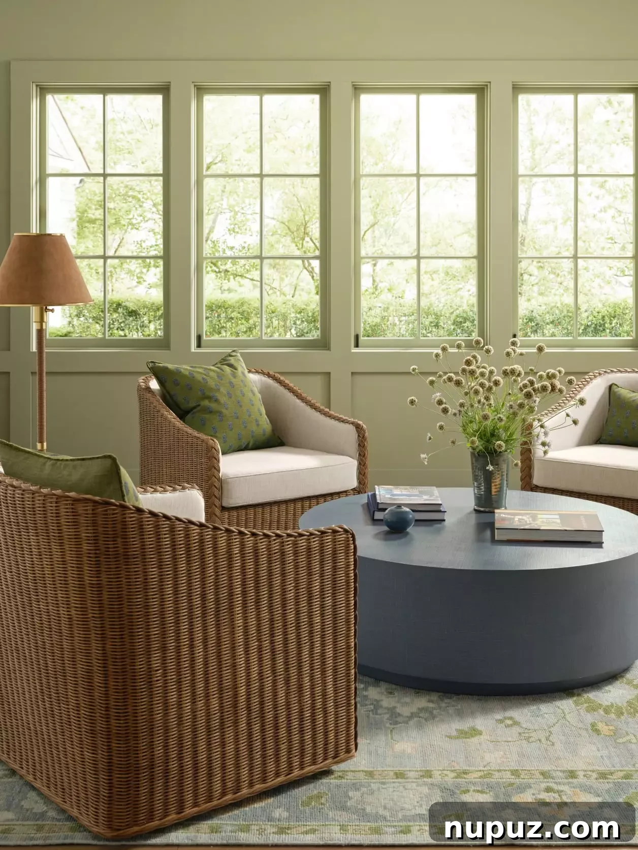 Love the room with 4 wicker chairs and green walls