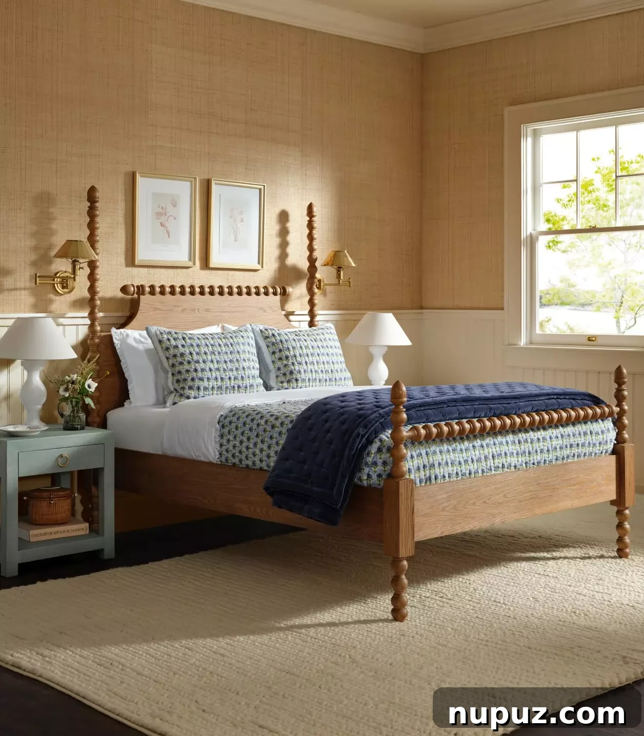 beautiful bedroom with grasscloth and blue nightstands