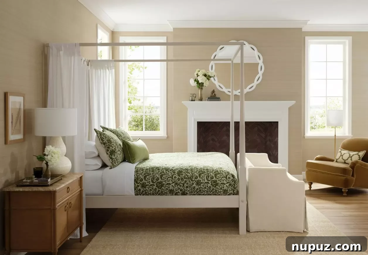love the white canopy bed and green and white bedding - beautiful home tours