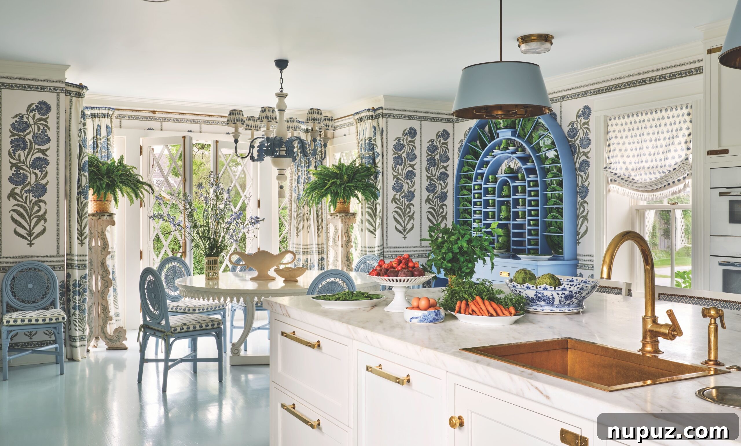 Love the white kitchen with the blue plate rack in the dining area