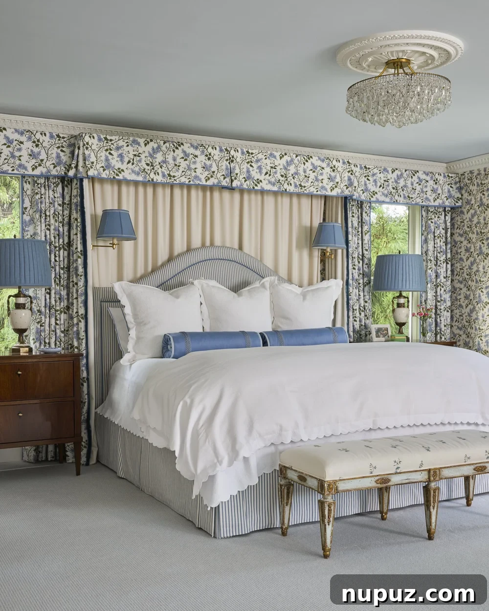 Blue and white primary bedroom