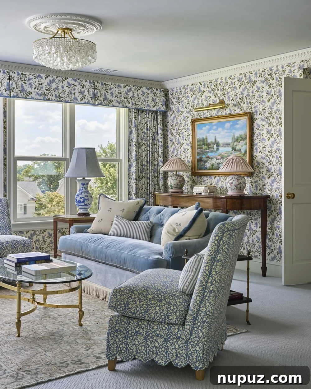 Primary bedroom sitting room in blue and white