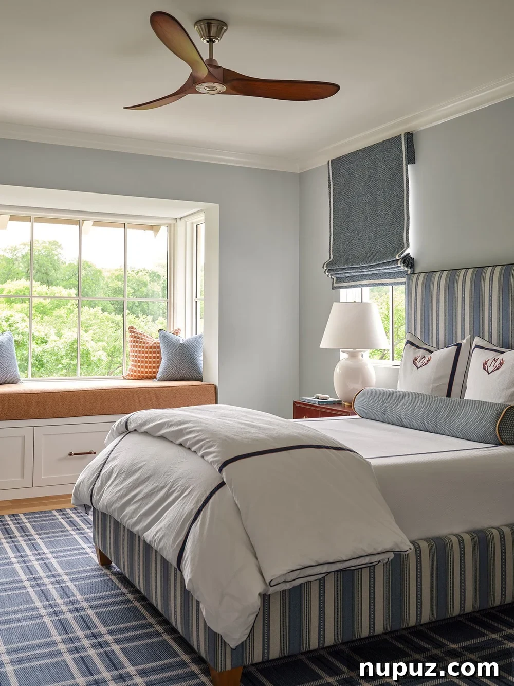 Children's bedroom with striped headboard