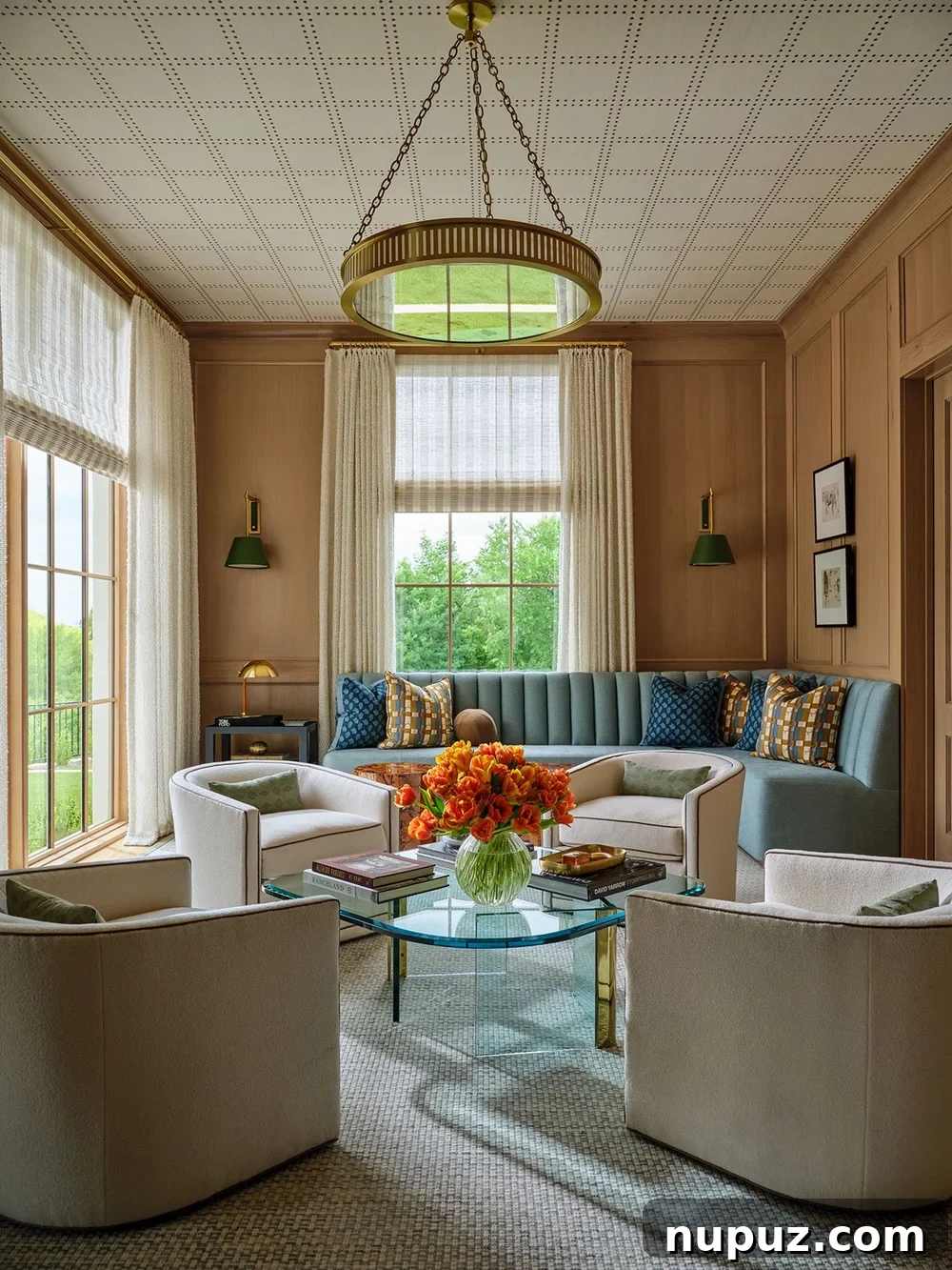 Dining banquette with blue channel-tufted upholstery
