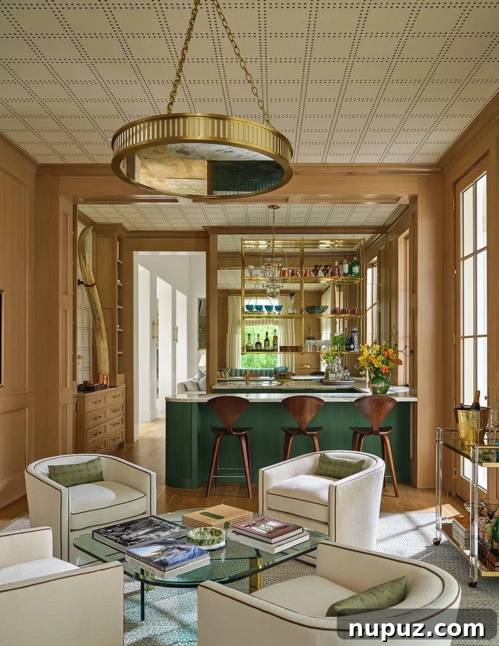 Green bar with wood stools