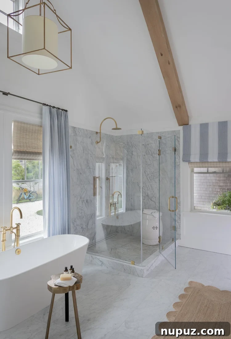 Bathroom with glass doors and wood beams