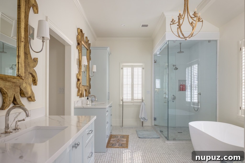 Bathroom with brass mirrors and warm accents