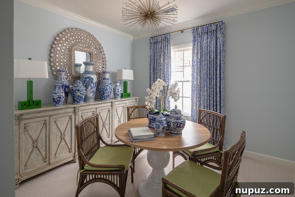 Breakfast nook with round table and wicker chairs