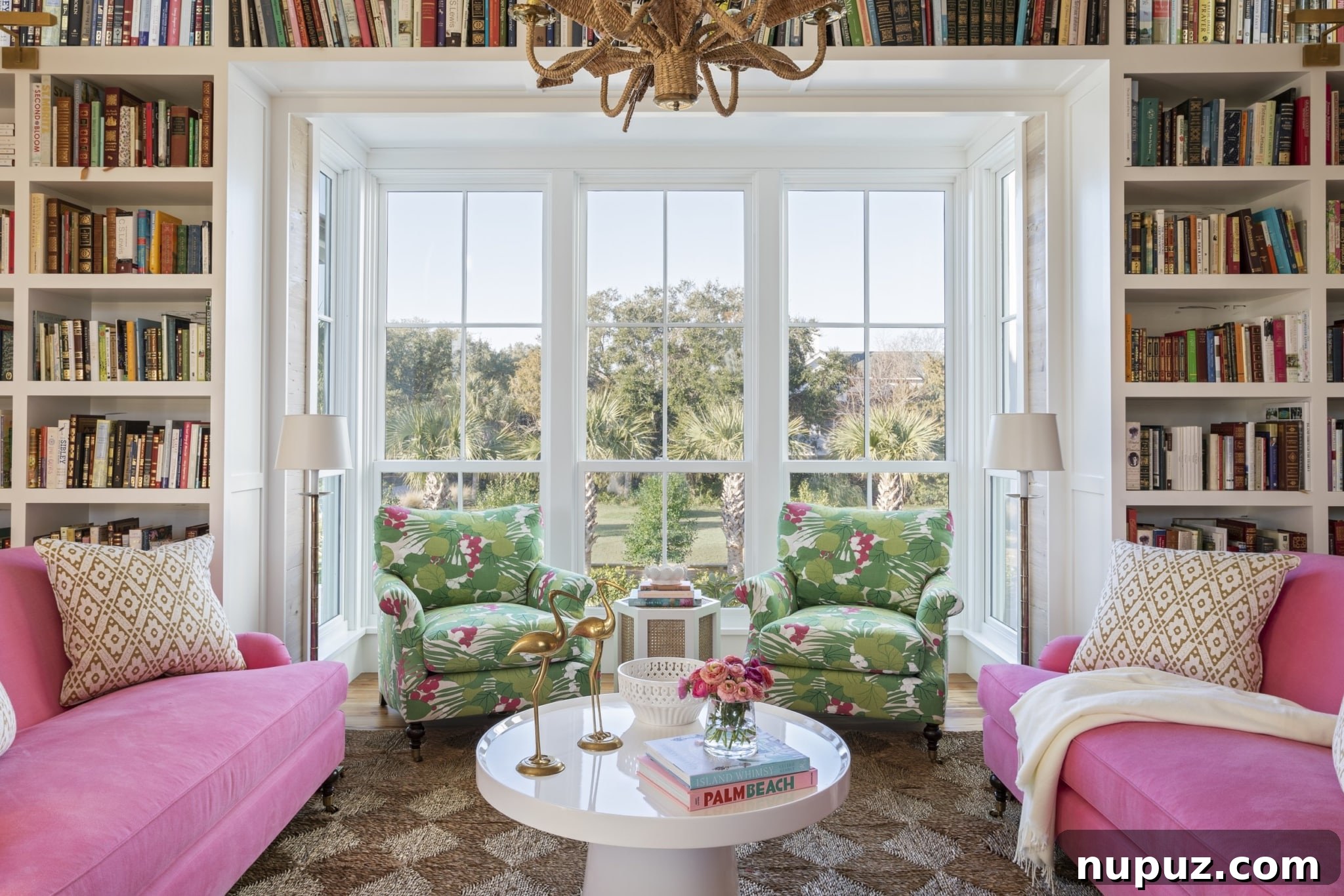 Refined yet laid-back, sophisticated yet welcoming, Kara Miller Interiors creates beautiful living rooms that feel like home. Brantley Photography - pink sofas and rush house rugs